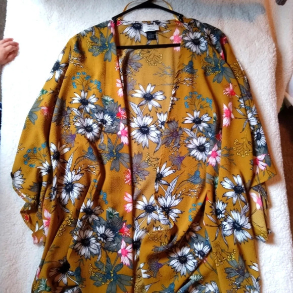 Floral Kimino Cover Up One Size Floral Print Yellow White David & Young - Picture 2 of 4